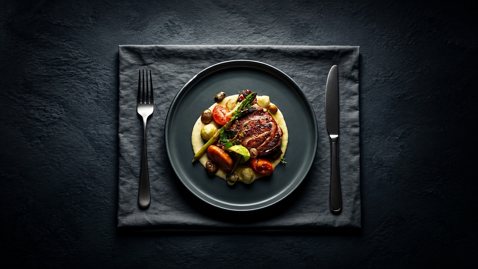 Gourmet plated filet mignon with asparagus, cherry tomatoes and mushrooms on a dark slate plate